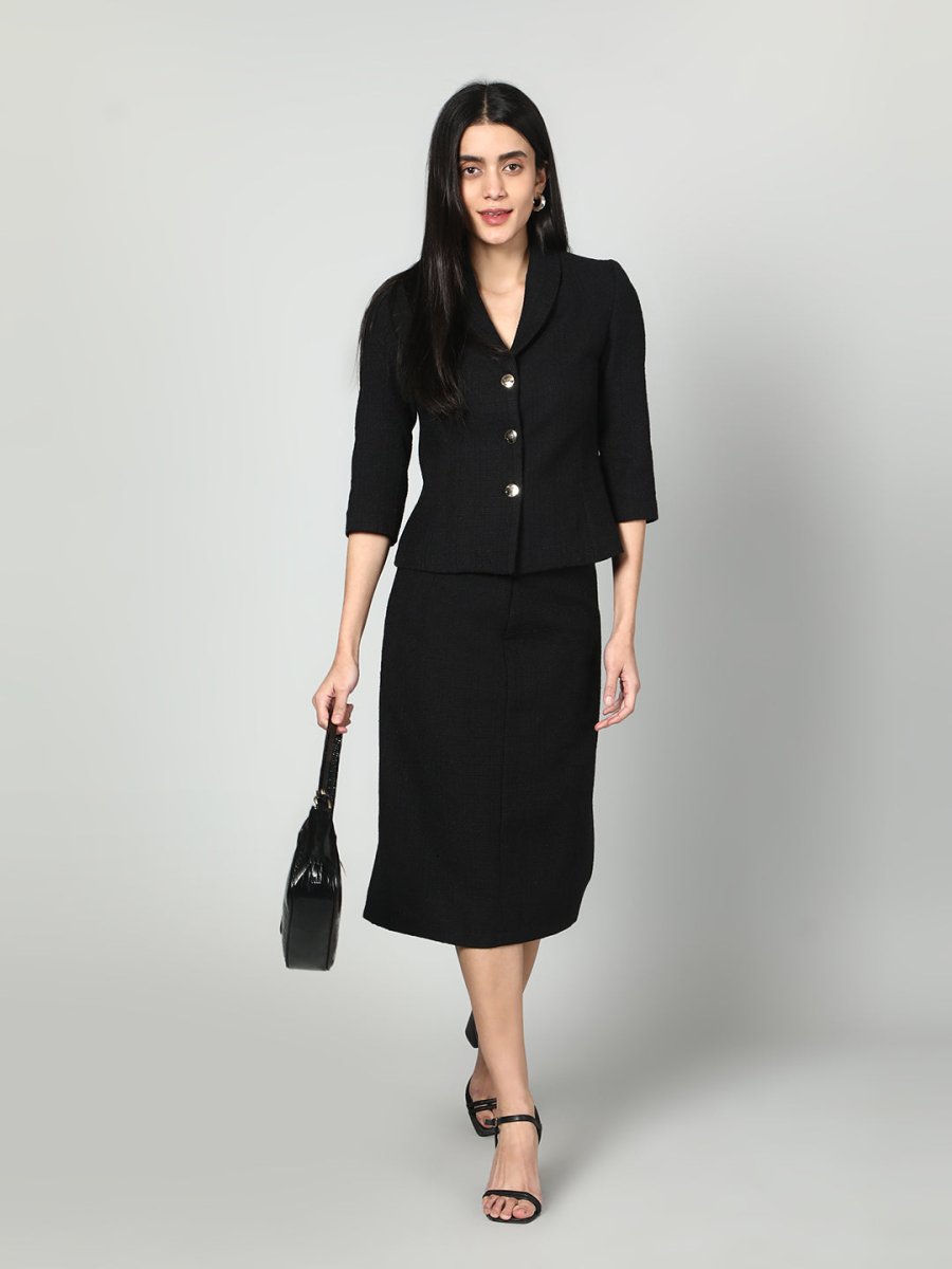 Gaiia Solid Color Tweed Blazer And Skirt Set - GAIIA
